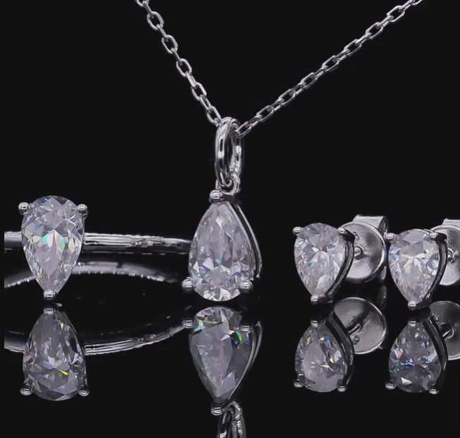 Pear Cut Moissanite Set - Platinum Plated Earrings & Pendant