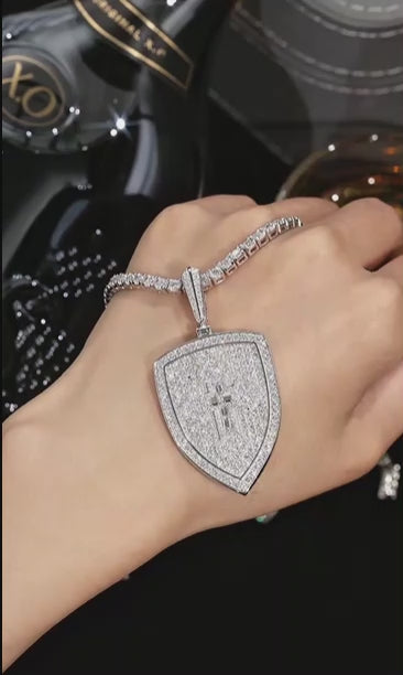 Celestial Cross Shield Moissanite Pendant - 18K White Gold