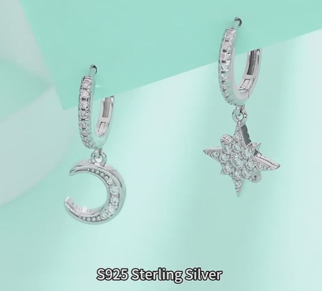 Celestial Star & Moon Dangle Earrings - 925 Sterling Silver